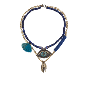 Handmade double bronze eye – Fatima hand necklace with lapis lazuli rocks