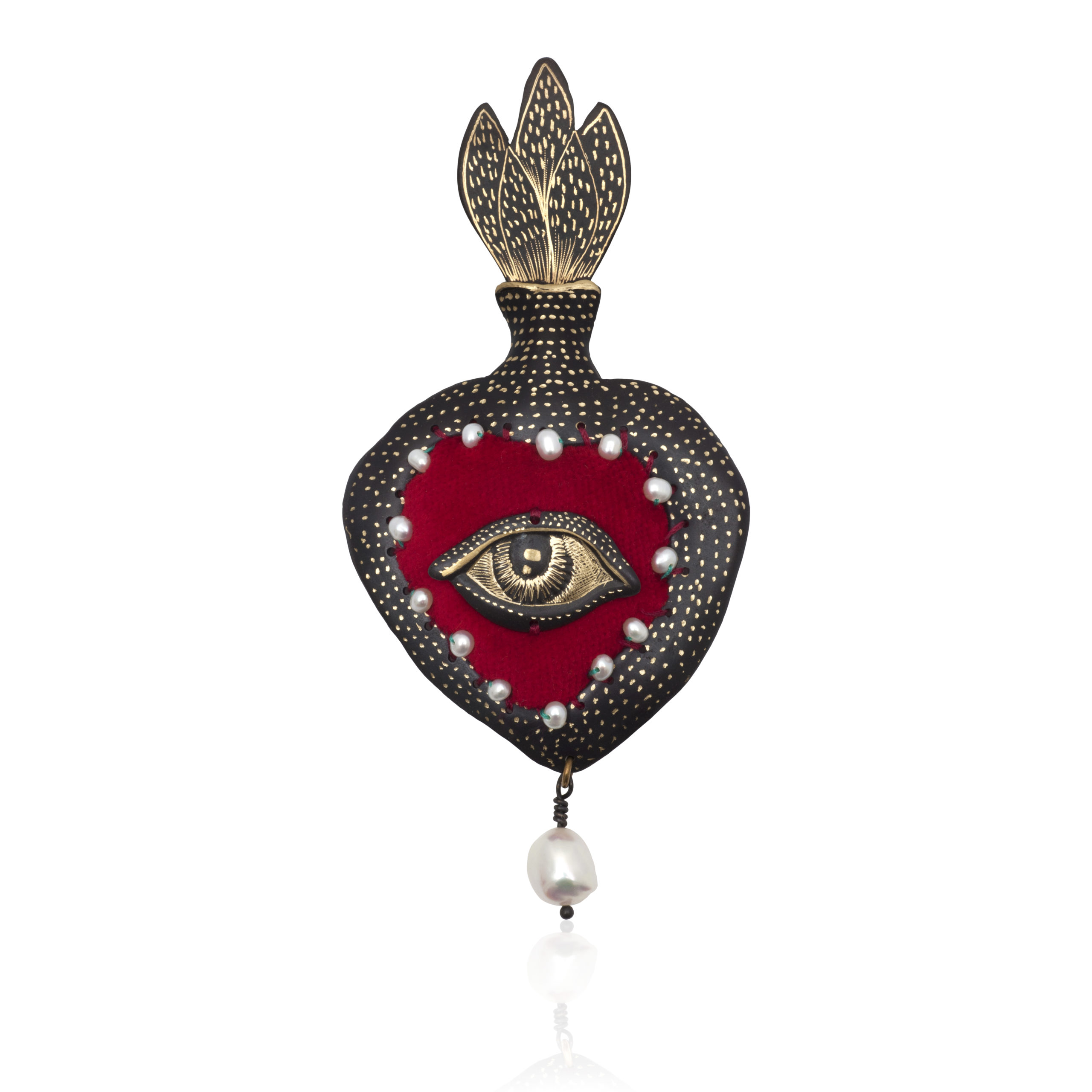 Heart Eye pin with red fabric and pearls