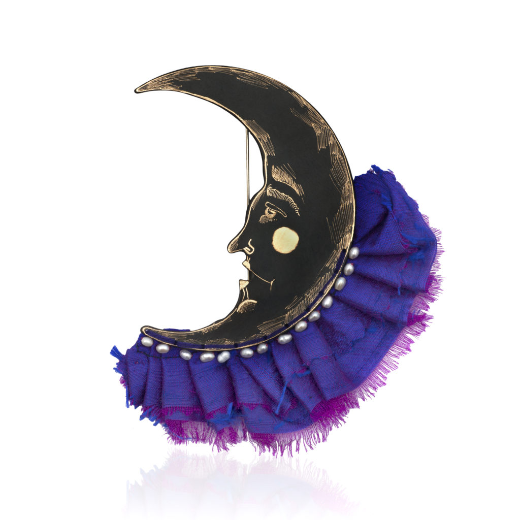 Moon pin with purple fabric and pearls