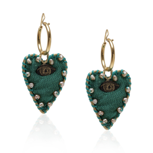 Heart Eye earrings with petrol fabric and pearls