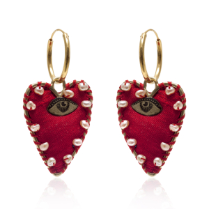 Heart Eye earrings with red fabric and pearls