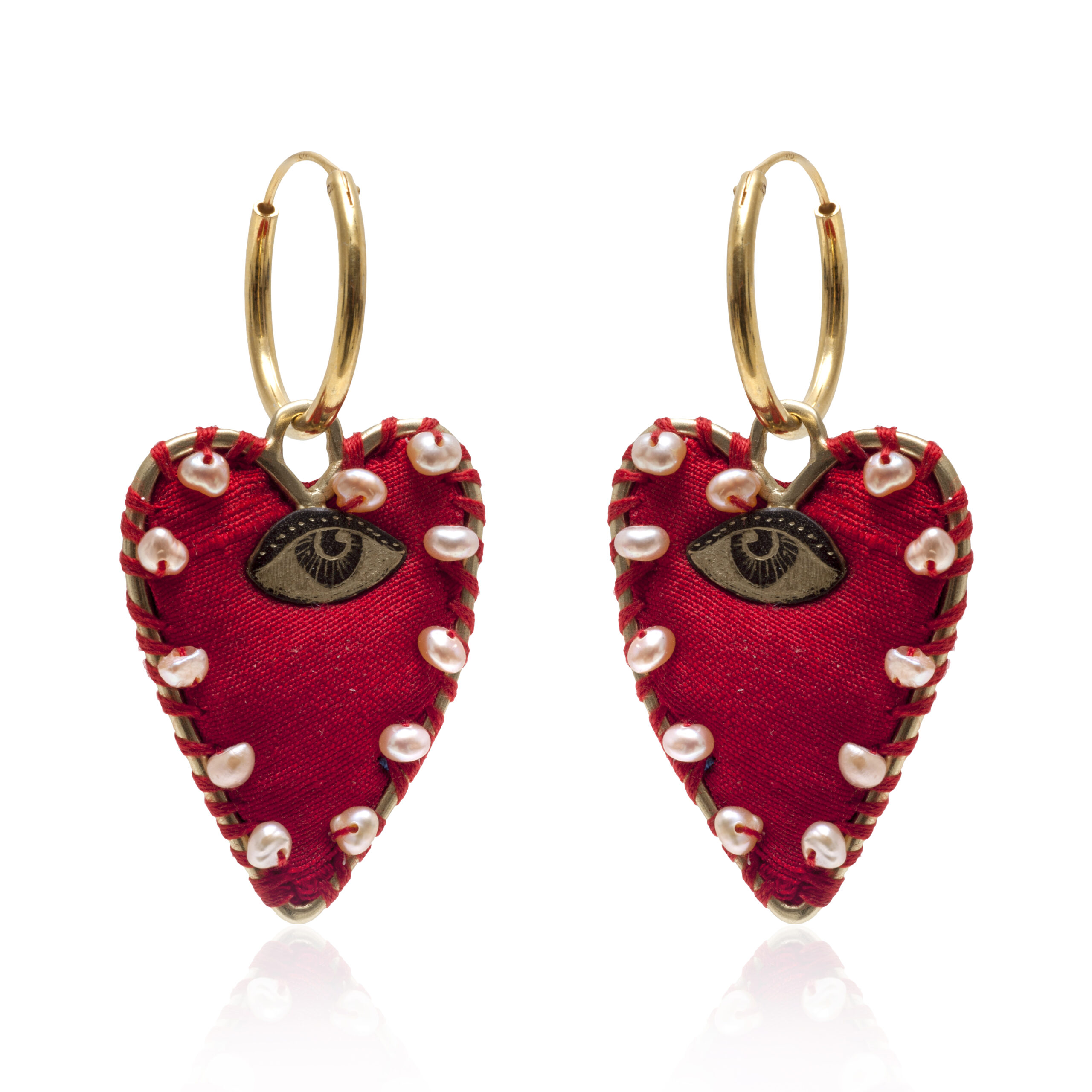 Heart Eye earrings with red fabric and pearls