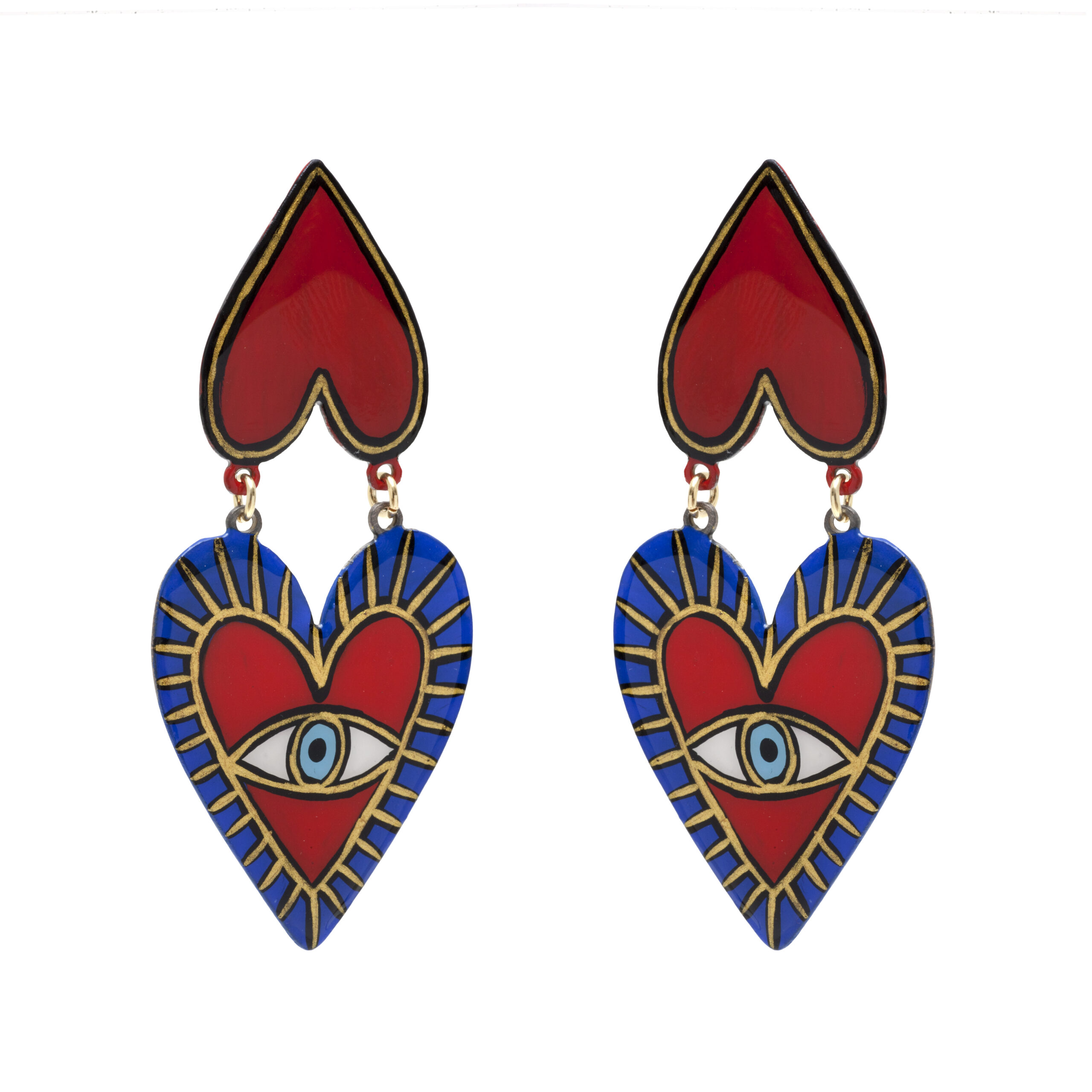 Red blue heart eye earrings