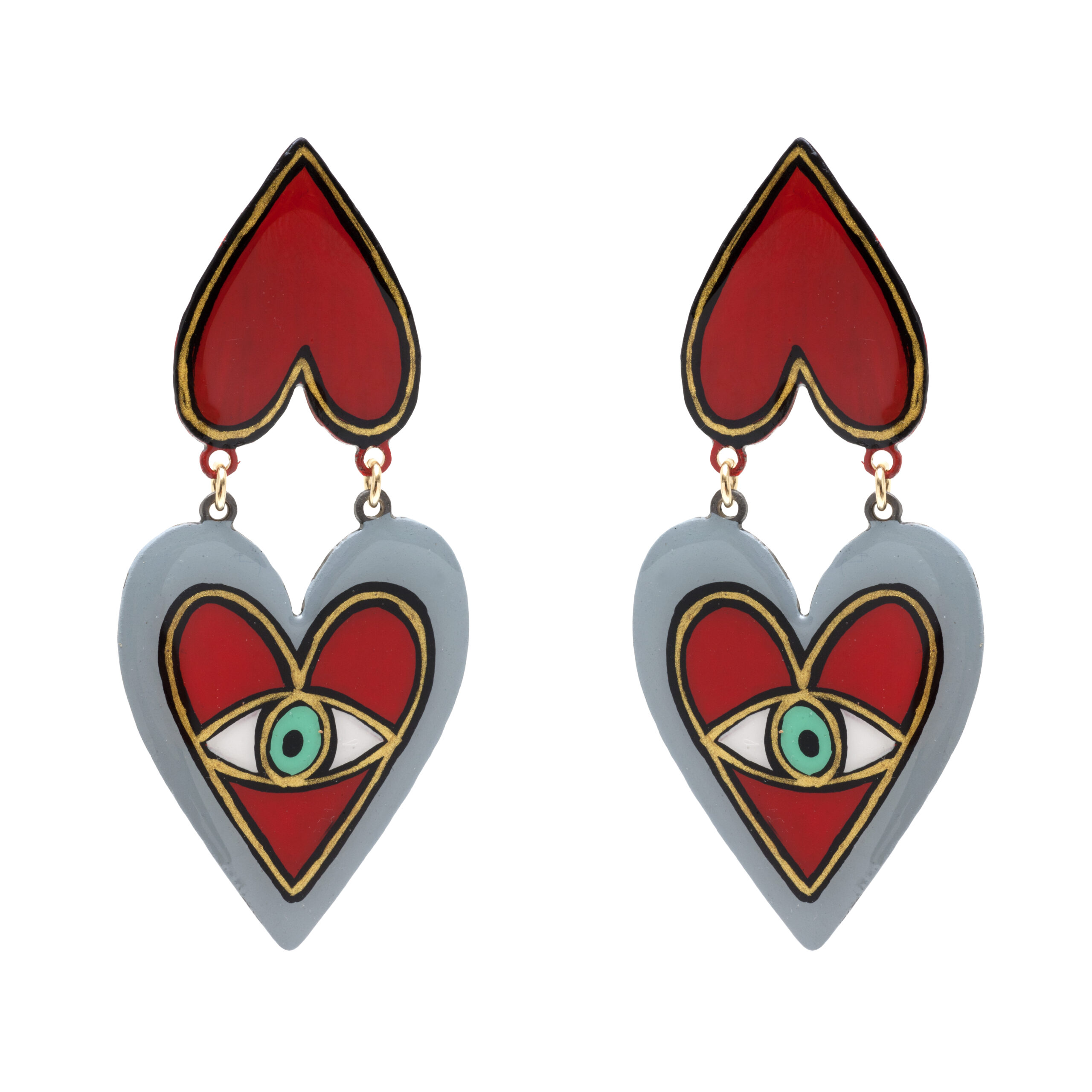 Red grey heart eye earrings