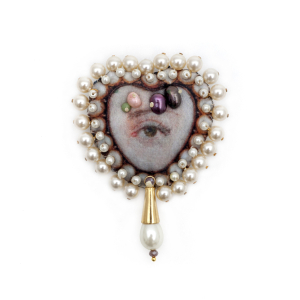 Heart eye pin with fabric and pearls