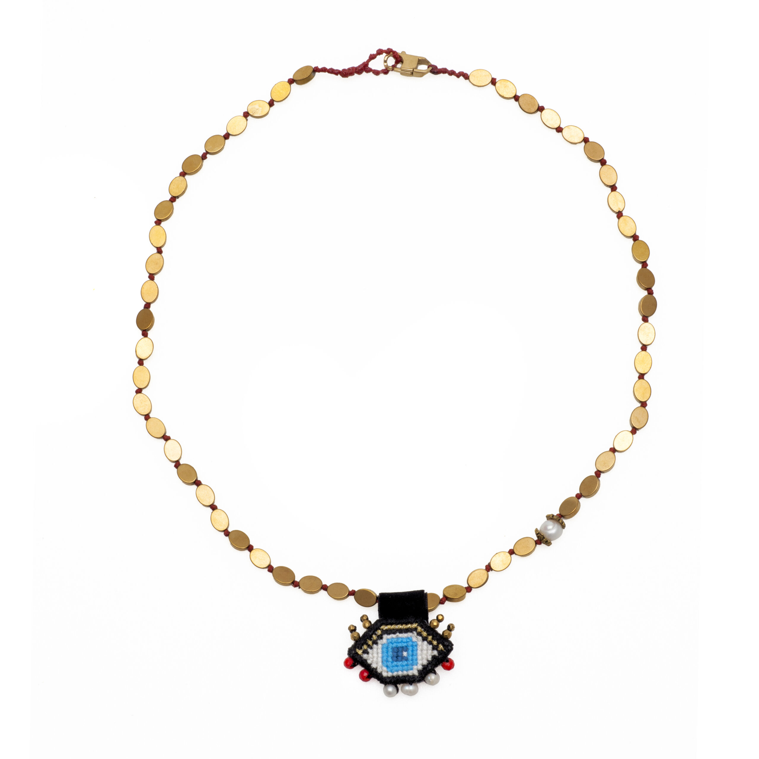 Knitted eye necklace with hematites