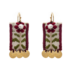Burgundy knitted flower earrings