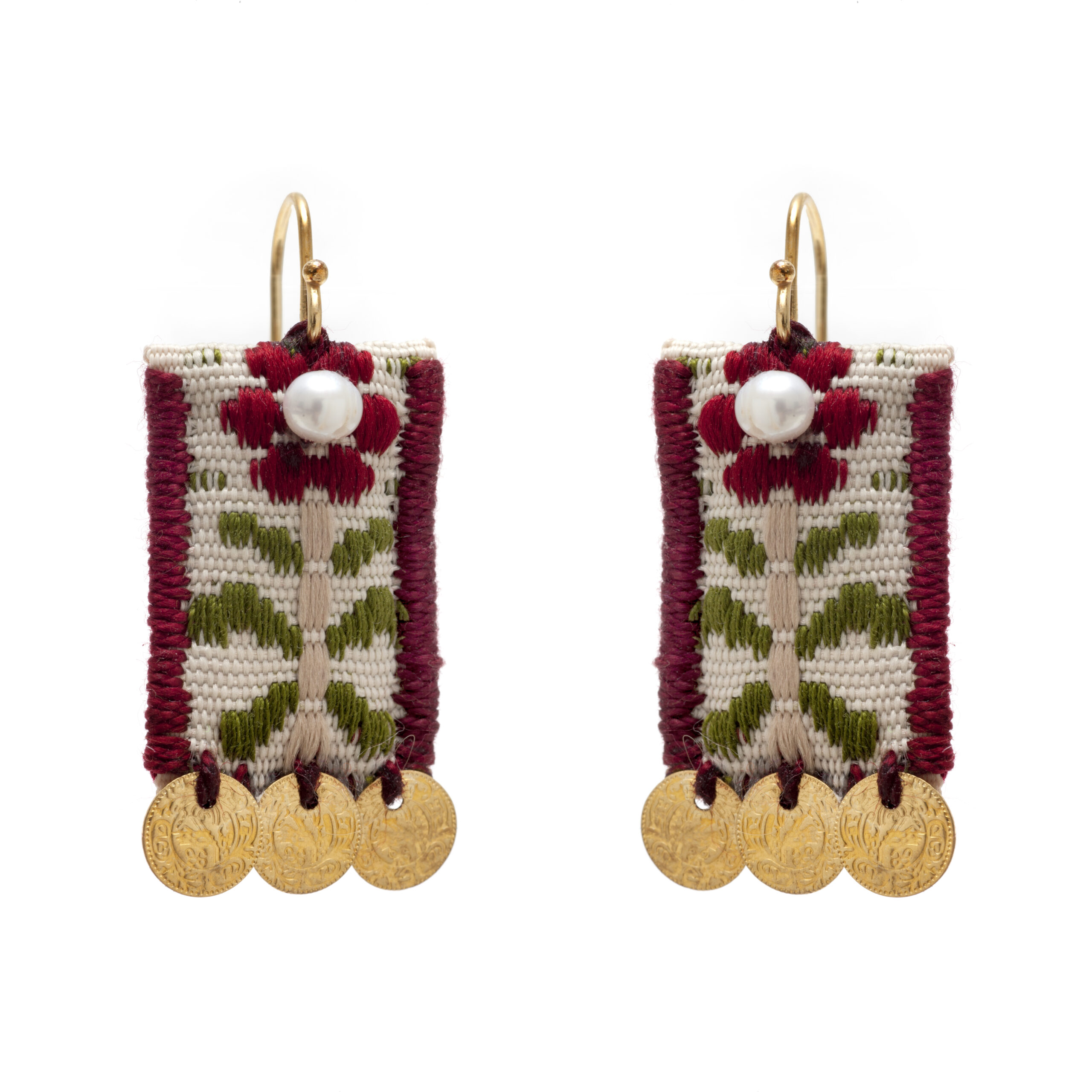 Burgundy knitted flower earrings