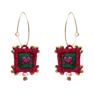 Pink green red knitted heart earrings with pearl