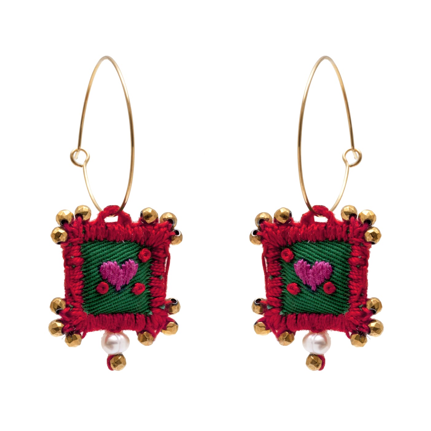 Pink green red knitted heart earrings with pearl